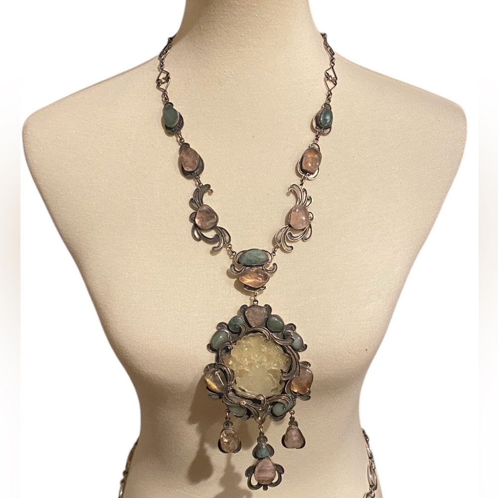 Vintage Jade and Pink Quartz Statement Necklace
